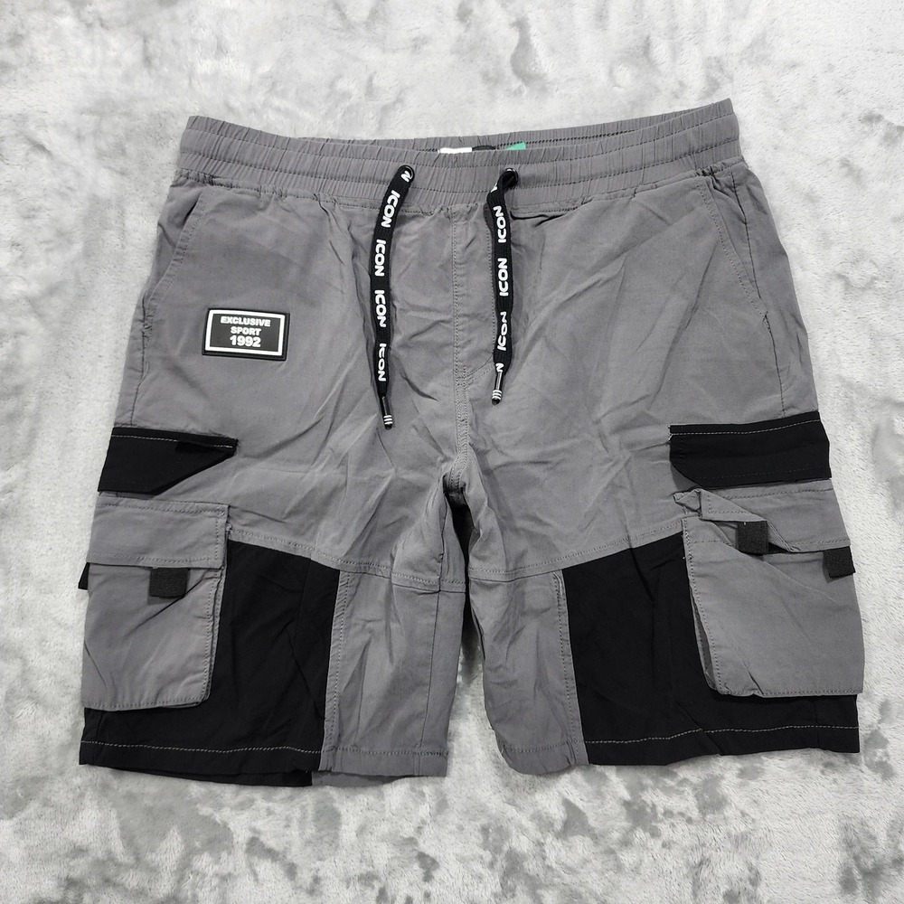 Rock Salt Shorts Mens L Gray Black ICON Cargo Stretch Pull On Drawstring Outdoor